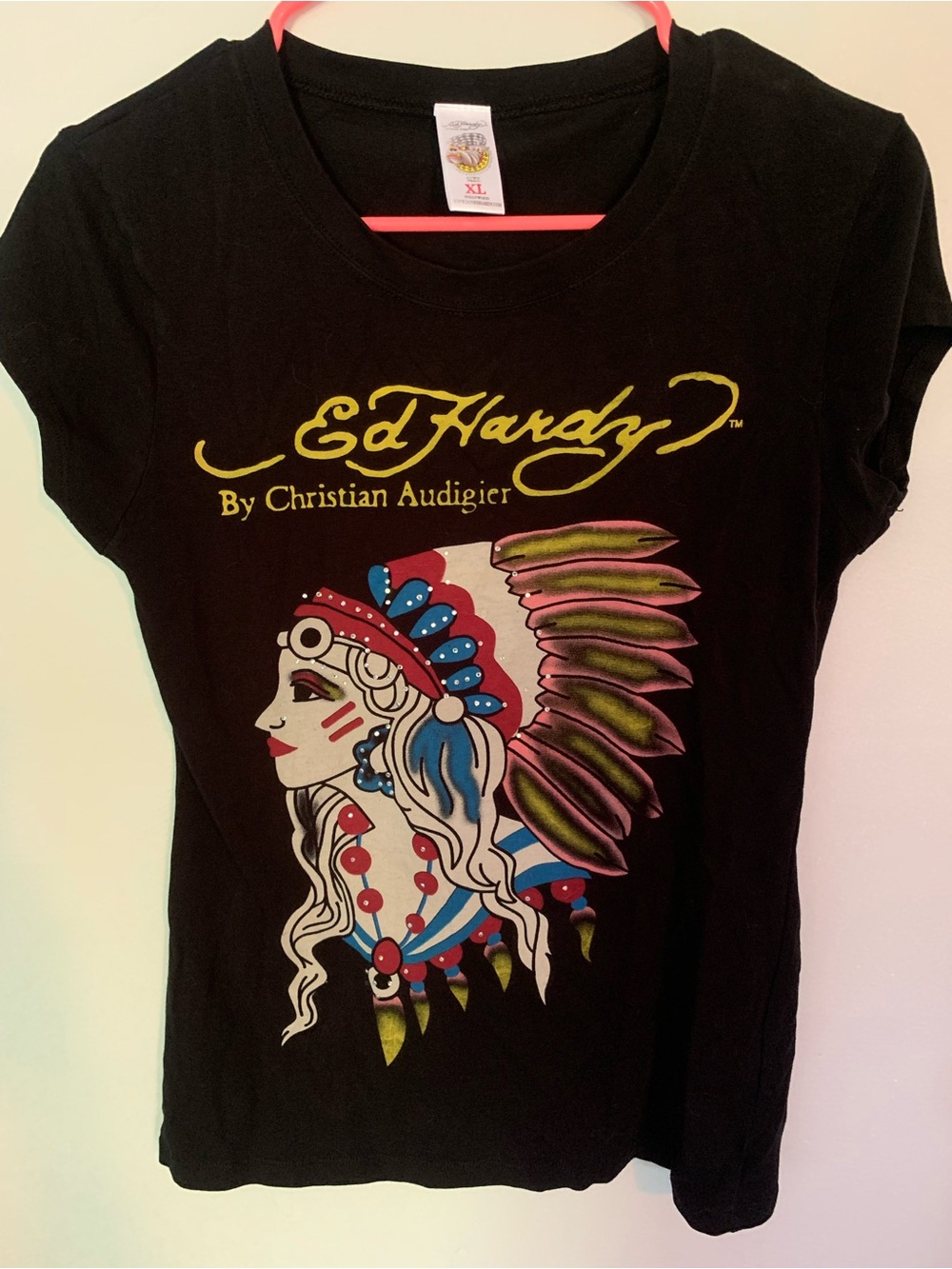 Ed Hardy Vintage Short Sleeve Tee with Yellow Logo and Native Graphic, size XL